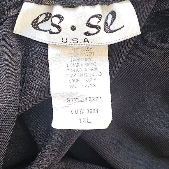 Es Se Stretch Nylon Knit Black Maxi Dress Plus 1XL Gold Foral Print Slveless 90s - Picture 10 of 11